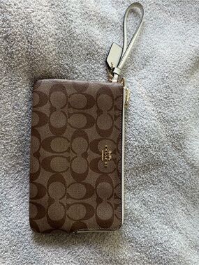Coach Signature Brown and Tan Wristlet Clutch
